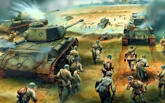 Обои картинки фото рисованное, армия, танки, солдаты, пехота, поле, наступление