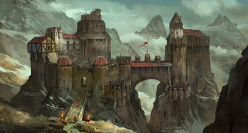 Картинка фэнтези замки мост горы снег огонь флаг панорама облака небо арт замок