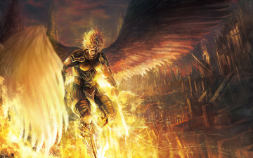 Картинка фэнтези ангелы небо оружие меч парень takakyo арт ангел крылья город дома броня облака