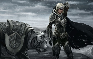 Картинка фэнтези красавицы+и+чудовища доспехи воин девушка тигр снег зима