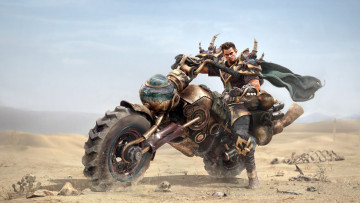 Картинка фэнтези люди мотоцикл парень пустыня арт