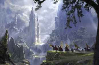 Картинка фэнтези замки арт fantasy флаги рыцари деревья пейзаж водопад фэнтази
