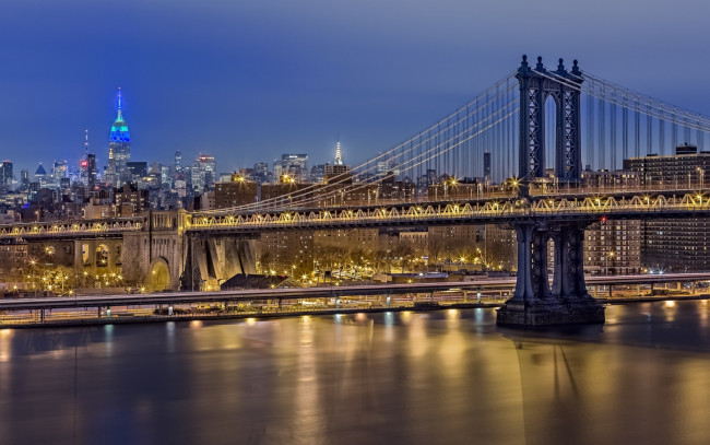 Обои картинки фото города, нью-йорк , сша, здания, огни, река, мост, манхеттен