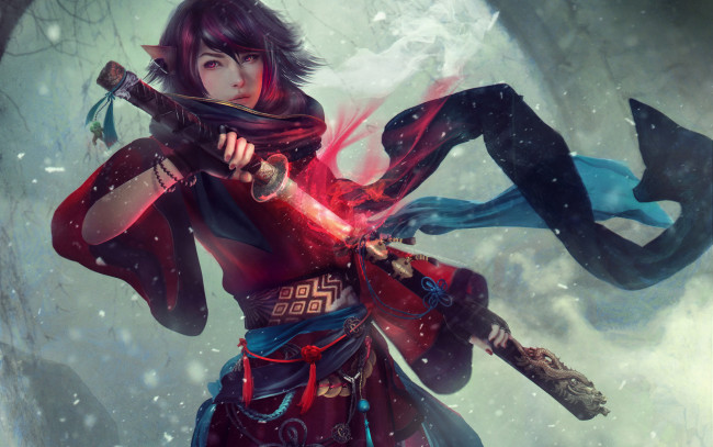 Обои картинки фото видео игры, final fantasy xiv, девушка, фон, взгляд, меч, униформа