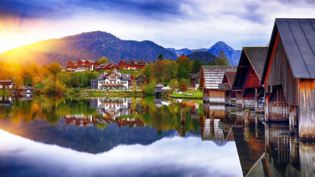 Обои картинки фото grundlsee lake,  alps, города, - пейзажи, горы, озеро, отражение