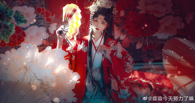 Обои картинки фото рисованное, люди, девушка, азиатка, веер, кимоно, цветы, зонт