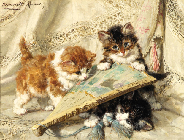 Обои картинки фото рисованное, henriette ronner-knip, котята, веер