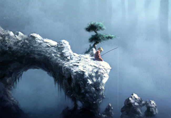 Обои картинки фото рисованное, люди, рыбак, скала, дерево, туман