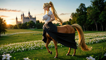 обоя 3д графика, фантазия , fantasy, кентавресса, наряд, луга, цветы, замок