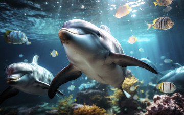 обоя 3д графика, животные , animals, море, дельфины, рыбы, кораллы