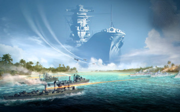 обоя видео игры, world of warships, корабль, призрак, катера, море, скорость, огонь, пальмы