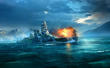 обоя видео игры, world of warships, корабли, бой, огонь, дым, море, горы