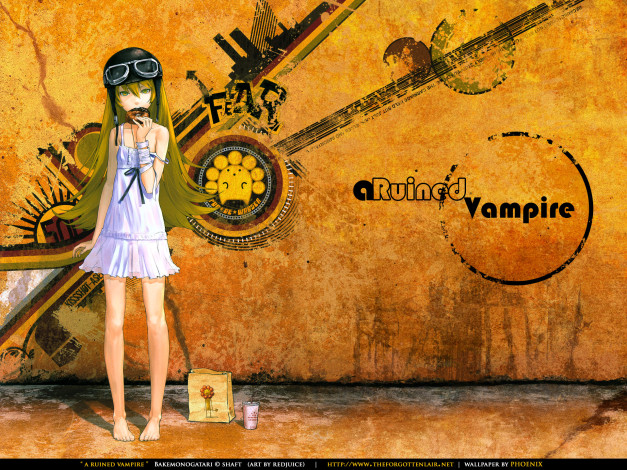 Обои картинки фото аниме, bakemonogatari, oshino shinobu, девушка, платье, шлем, пончик, еда, надпись