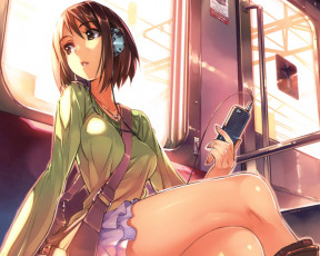 Картинка аниме headphones instrumental девушка поезд нашники плеер сумка