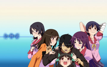 обоя аниме, bakemonogatari, araragi koyomi, sengoku nadeko, hanekawa tsubasa, hachikuji mayoi, kanbaru suruga, senjougahara hitagi, девушки, мужчина