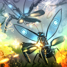 обоя фэнтези, роботы,  киборги,  механизмы, крылья, пламя, огонь, оружие, насекомые, крылатые