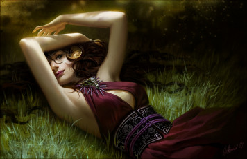 Картинка фэнтези существа демон девушка поляна трава амулет