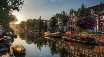 обоя города, амстердам , нидерланды, канал, лодки, дома, амстердам