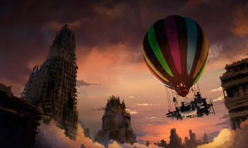 обоя фэнтези, транспортные средства, небо, закат, воздушный, шар, люди, романтика, апокалипсиса, арт, полёт, облака, руины, здания, каркасы