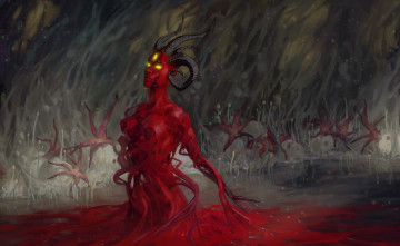 Картинка фэнтези существа плесень демон рога существо красное арт споры звёзды