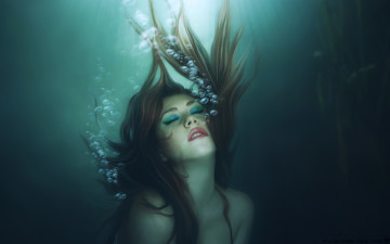 Картинка фэнтези девушки водоросли воздух пузырьки глубина море
