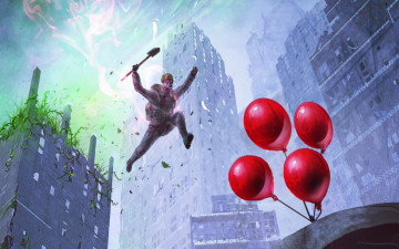 Картинка фэнтези люди город человек прыжок красные шарики