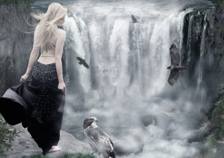 Картинка девушки -unsort+ креатив водопад вода птицы профиль блондинка платье спина девушка