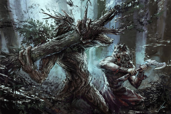 Картинка фэнтези существа werewolf treant оборотень схватка фантастика арт топор волк