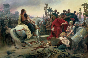 Картинка рисованное живопись юлий цезарь против верцингеторикса воины лошадь