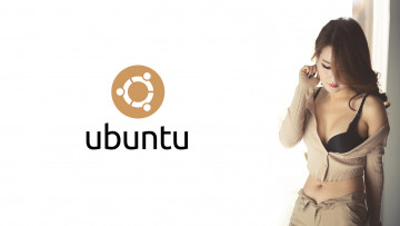 обоя компьютеры, ubuntu linux, девушка, фон, логотип