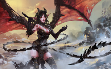 Картинка фэнтези демоны снег крылья хвост рога демон девушка