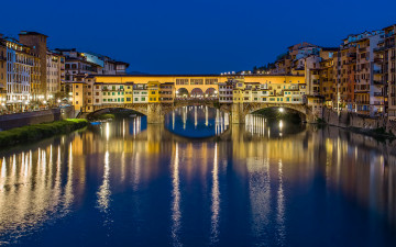 обоя ponte vecchio, города, флоренция , италия, мост, огни, река, ночь