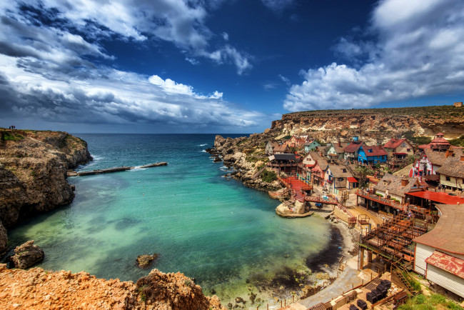 Обои картинки фото popeye village,  malta, города, - пейзажи, поселок, море, скалы, бухта