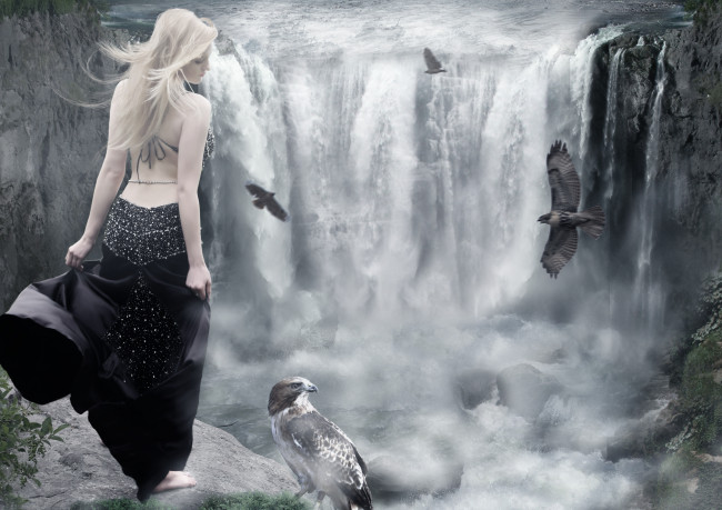 Обои картинки фото девушки, -unsort , креатив, водопад, вода, птицы, профиль, блондинка, платье, спина, девушка