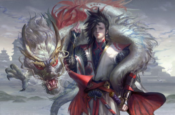Картинка фэнтези драконы дракон оружие арт парень япония