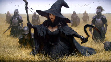 Картинка фэнтези девушки artwork fantasy art hat helmet field crow staff sickle weapon skeletons armor necromancer wheat stick army witch sword