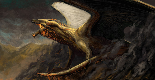 Обои картинки фото фэнтези, драконы, дракон, мощь, крылья, арт, горы, пасть
