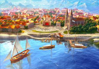 Картинка рисованное города люди праздник площадь город корабли причал горы