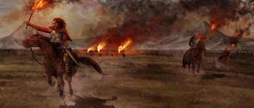 Картинка фэнтези люди факел униформа конь пожар поселок фон мужчины