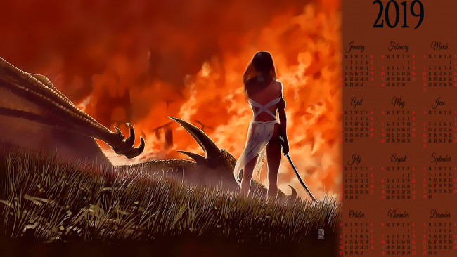 Обои картинки фото календари, фэнтези, девушка, оружие, дракон, calendar, огонь, пламя