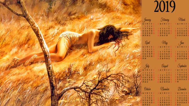 Обои картинки фото календари, фэнтези, трава, дерево, девушка, природа, растение, calendar, лежать