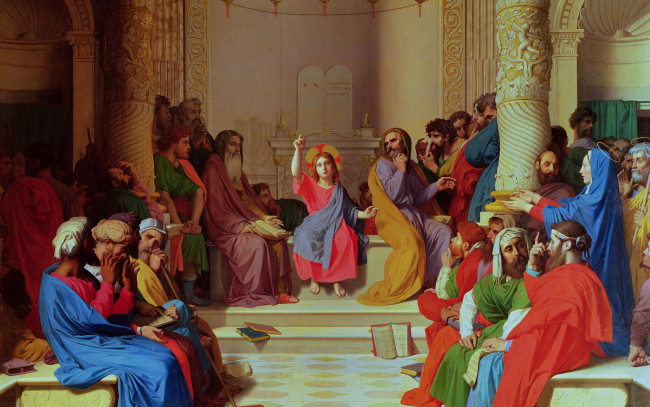 Обои картинки фото рисованное, религия, отрок, христос, среди, израильских, учителей, 1862, г, жан, огюст, доминик, энгр
