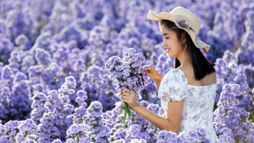 Картинка девушки -+азиатки азиатка шляпа платье цветы