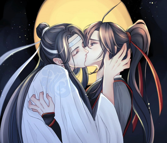 Обои картинки фото аниме, mo dao zu shi, вэй, усянь, лань, ванцзы, поцелуй, луна