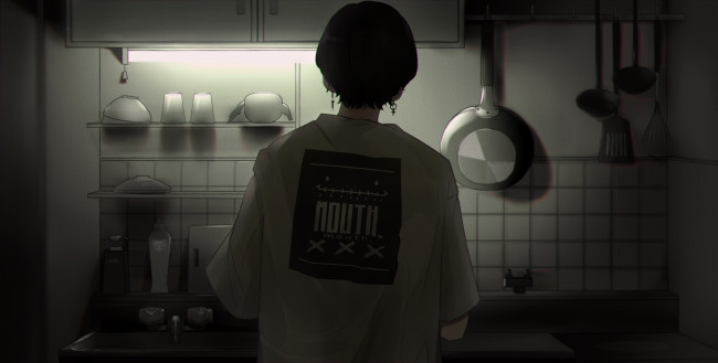 Обои картинки фото аниме, unknown,  другое , парень, футболка, кухня, свет