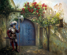 Картинка рисованное люди стражник врата цветы