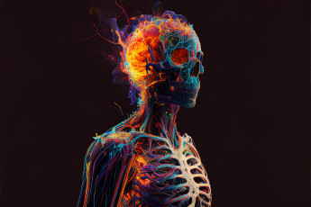 Картинка 3д+графика ужас+ horror скелет фигура цвета огонь