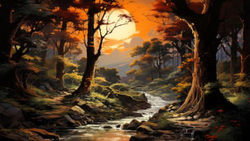 обоя рисованное, природа, лес, ручей, закат, камни