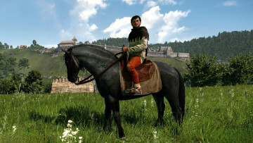 обоя видео игры, kingdom come,  deliverance, всадник, луга, холмы, лес, крепость