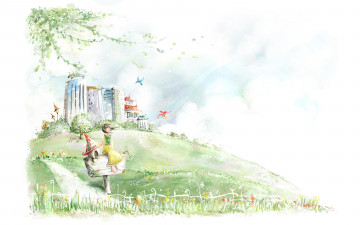 Картинка рисованные дети девочка почтовый ящик дома птицы забор